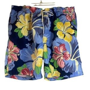 Lands’ End Hibiscus Blue Tropical Floral Men's Swim Shorts SZ XL (40-42)